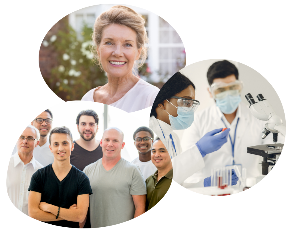 A collage of happy employees and scientists analysing blood