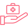 Pink icon of a hand holding a medical box