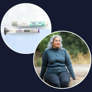 Weight loss pens - mounjaro and wegovy - and a middle aged woman